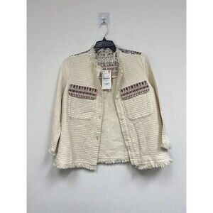ZARA TRF Outerwear Cream Embroidered Fringe Quilted Jacket Small Large
